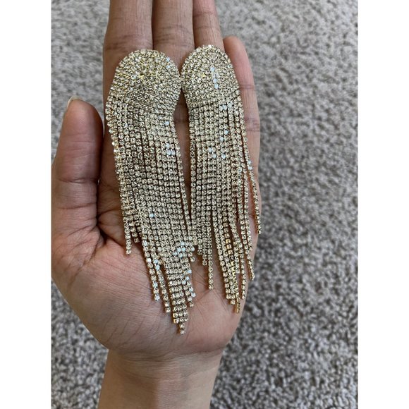 Large clear earrings fringe gold tone  bridal  big , oversized crystal earrings - Picture 8 of 9